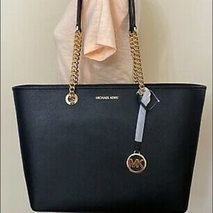 MK SHANIA LARGE EW CHAIN BLACK LEATHER TOTE
